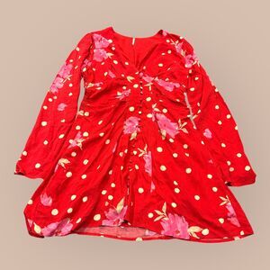 Free People Date Night Mini Dress Womens M Red Floral Slinky Weave Button Front